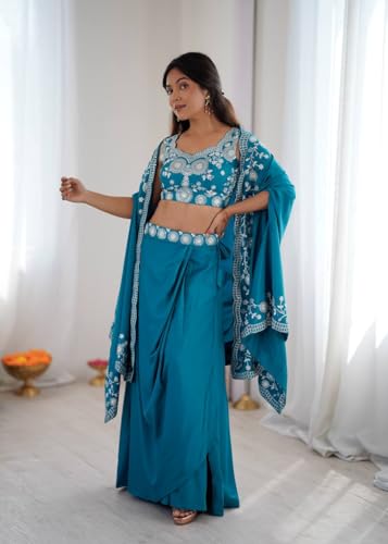 MARUTI FASHION HOUSE Lehenga Choli Indo-Western Draped Saree Set For Womens And Girls Ready To Wear Hevay Crep Silk Fabric With Work Multi Thread Embroidery Coding Sequence Light teal