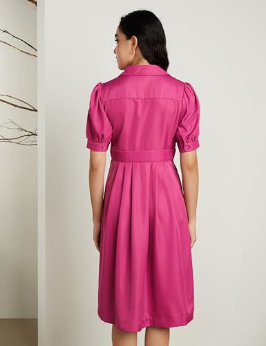 Symbol Premium Women's 'Desk-to-Dinner' Fit & Flare Wrap Dress (Midi Length | Stylish) (SBP-SS24-WDR-607_Magenta Pink_XL)