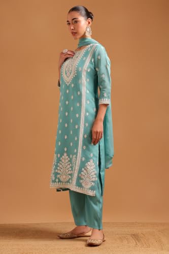 Soch Womens Turquoise Blue Chanderi Embroidered Botanical Chikankari Embroidery Salwar Suit