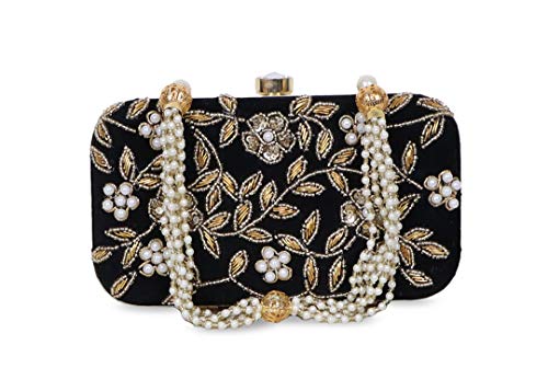 DUCHESS Women's Velvet Zari Zirkon Box Clutch Purse (Black)