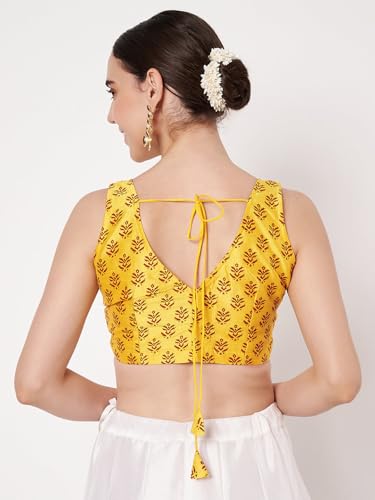 studio rasa Women's Dupion Hand Block Printed Blouse for Wedding Festive Party (TPWC62555XL_Yellow_X-Large)