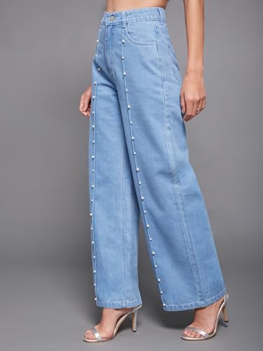 Miss Chase Women's Straight-Fit High-Rise Denim Jeans (MCSS18DEN02-19-366-26, Mist Blue, 26)