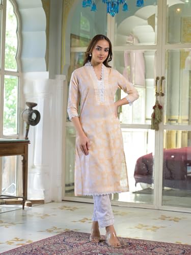 Divena Peach Block Print Cotton Straight Kurta Pant with Dupatta