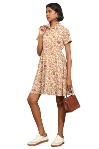 Soch Womens Beige Cotton Botanical Printed Cinched Waist Dress