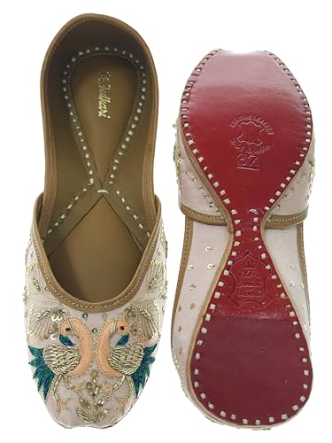 Fulkari Women's Peacock Peach Gold Soft Leather Embroidered Jutis | Bite and Pinch Free Jutti | Punjabi Formal Juttis | Girl's Wedding Flat Mojari | Formal Ethnic Juti | 36