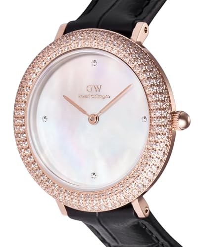 Daniel Wellington Crystal Bezel Analogue Watch for Women with Mother of Pearl White Round Dial & Black Leather Strap Band Water Resistant Women's Wrist Watches - DW00100827K