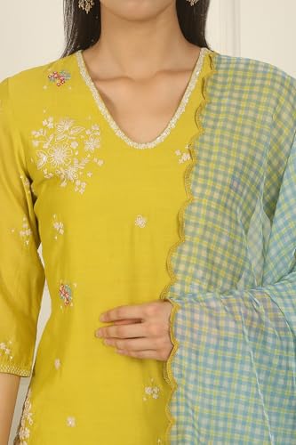 W for Woman Celery Green Embroidered Chanderi Straight Kurta, Pants and Dupatta Set (Size: XS)-WS12516-223370