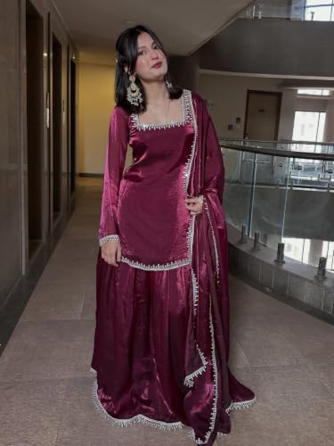 Women's Wine Kurti With Sharara And Dupatta, Silver Lace Border