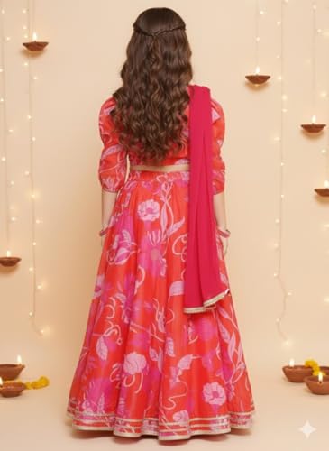 Naixa Girls Red Chanderi V Neck 3/4 Sleeve Floral Printed Choli and Lehenga with Dupatta Set | Latest Floral Designer Printed Lehenga Choli Set for Girls (SE09_11-12 Year)