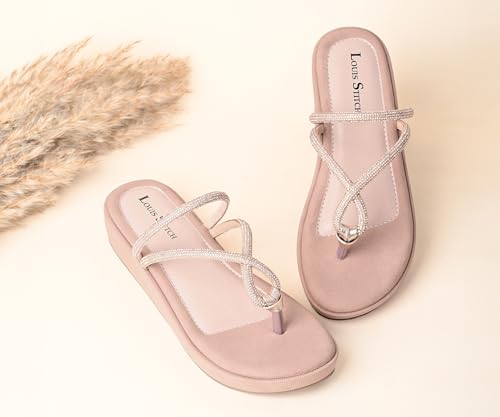LOUIS STITCH Women’s Slip-On Platform Heel T-Strap Sandals | Open Toe Stylish Peach Pink Wedge Heel Sandal for Ladies, Fashionable and Comfortable Sandal | LSOF-LDPS-GLCSNU | UK-7