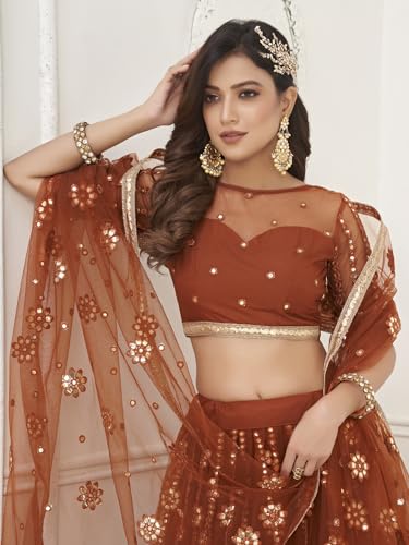 Zeel Clothing Womens Net Lehenga Choli Semi-Stitched Brown Wedding Bridal Free Size