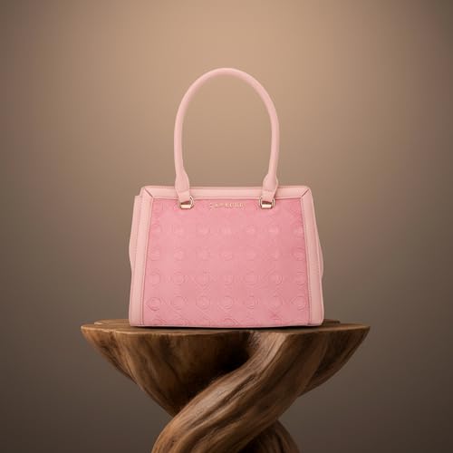 Caprese Katherine Medium Monogram Velvet Satchel for Women | Elegant Multi-Compartment Shoulder Handbag with Adjustable & Detachable Strap | Textured Velvet Designer Work & Party Purse (Pink Sorbet)