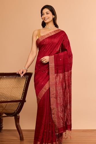 Taneira Women Dark Red Woven Pure Silk Vanya Bengal Saree With Unstitched Blouse Piece (SAPH01AC6405-Dark Red)