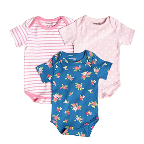 haus & kinder Iris 100% Cotton New Born Baby Bodysuits Rompers Onesies For Boy and Girl, 9-12 Months (White-Pink-Navy, Pack of 3)