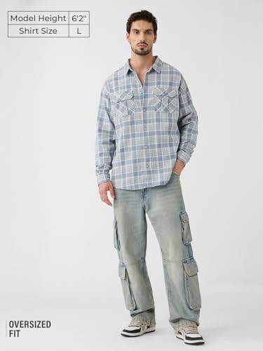 The Souled Store Plaid Shirt: Skyfall Men and Boys Long Sleeves Collared Neck Button Front Cotton Utility Shirts