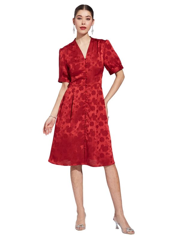 Latin Quarters Women Maroon V-Neck Half Sleeve Printed A-Line Dress_S