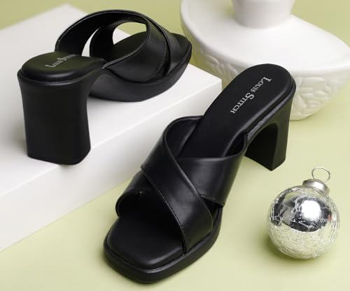 LOUIS STITCH Women's Black Stylish Cross Strap Block Heel Sandals for Women (LD06-BHCSJB105)