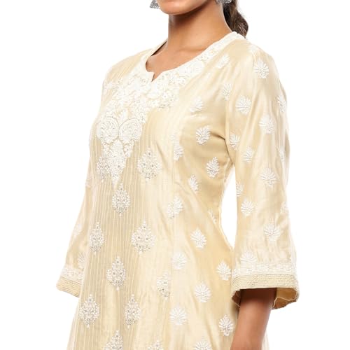 BIBA Women's Silk Chanderi Kurta Sets (SKDKALKR10059AW24BEG_Beige