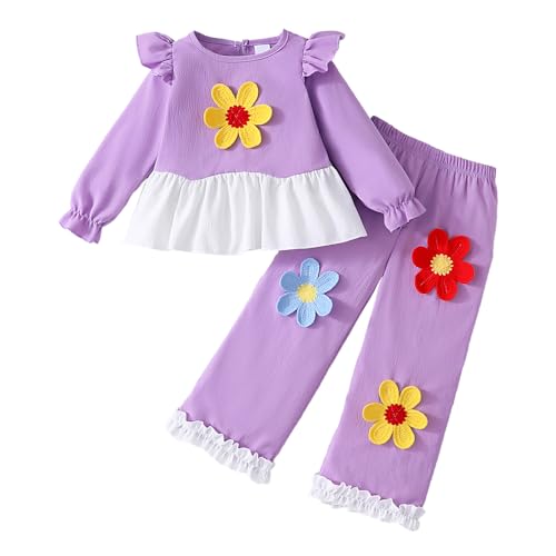Hopscotch Girls Full Sleeves Lilac 2-Pc Floral Applique Ruffle Trim Pant Set For Age (3-4 Years)
