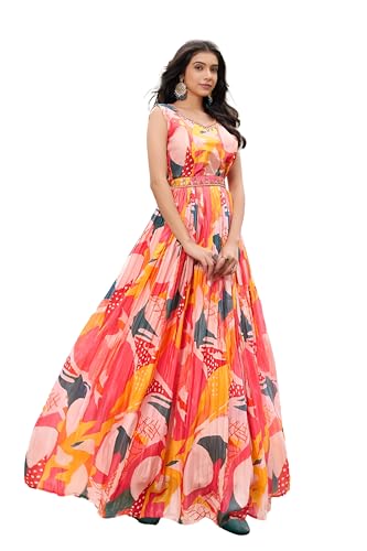 LAXMINARAYAN FASHION-Womens gownWomen's Multicolor Chinon Stitched Gown with Embroidery & Hend Worked Belt Anarkali Gown (in, Alpha, 2XL, Regular, Pink)