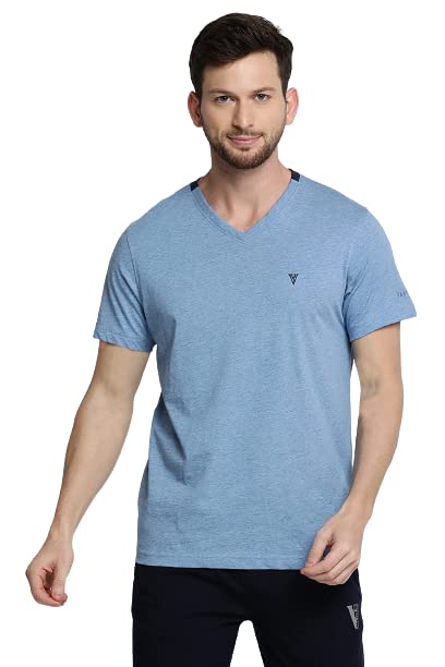 Van Heusen Men's Cotton Athleisure Smart Tech Regular Fit T-Shirt - Easy Stain Release, Anti Stat, Ultra Soft_60001_Sky Melange_M