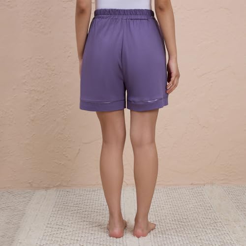 NYKD Buttery Soft Modal Cotton Shorts for Women with Clean Elasticated Waist, Satin Tie & Side Pockets – Comfortable Relaxed Fit, Model NYS928 Purple