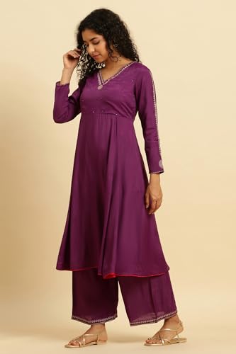 W for Woman Purple Anarkali Festive Kurta, Parallel Pants and Dupatta Set_24AUWS19526-220316_2XL