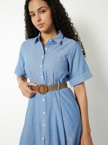 Max Women Solid A-line Shirt Dress with Belt (Blue_L)