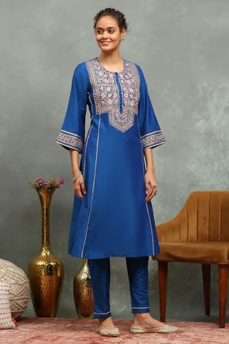 Rangriti Women Blue Viscose Blend Embroidered Kalidar Suit Set_36