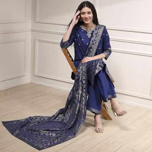 Biba Women's Blue Cotton Straight Printed Suit Set