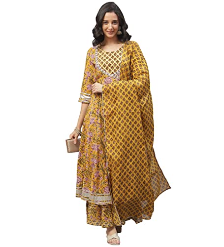 Limedivaa Mustard Cotton Anarkali Kurta Palazzo Set With Dupatta