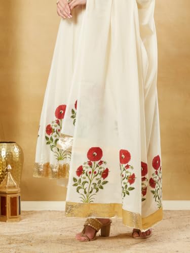 Divena White Cotton Hand Block Anarkali Kurta Sets with Dupatta