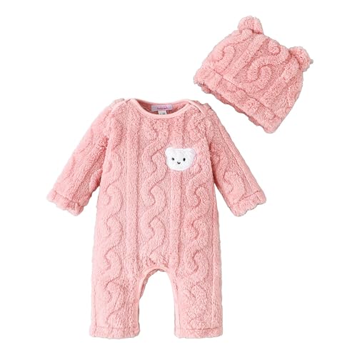 Hopscotch Girls Full Sleeves Pink Teddy Embroidered Bodysuit with Hat For Ages (6-9 Months)