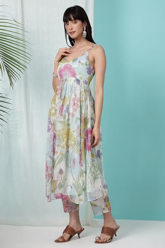 W for Woman Light Blue Floral Printed Gathered Sleeveless Chiffon Kurta with Pants and Dupatta Set (Size: 2XL)-WS12548-125443