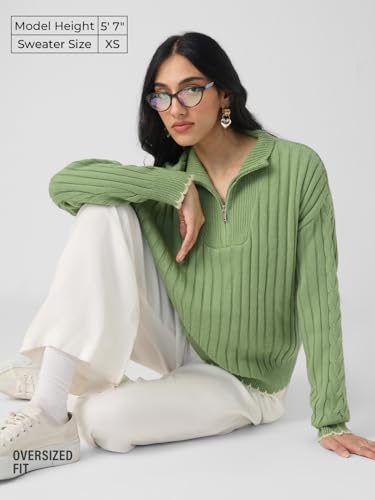 The Souled Store High-Neck Sweater: Soft Sage Women and Girls Full Sleeves Mock Neck Green Solid Acrylic Ribbed Texture Lightweight Everyday Oversized Fit Sweater