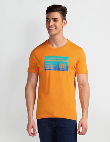 U.S. POLO ASSN. Mens Solid Half Sleeve Graphic Round Neck T-Shirts (UDTSHS0879_Orange_M)