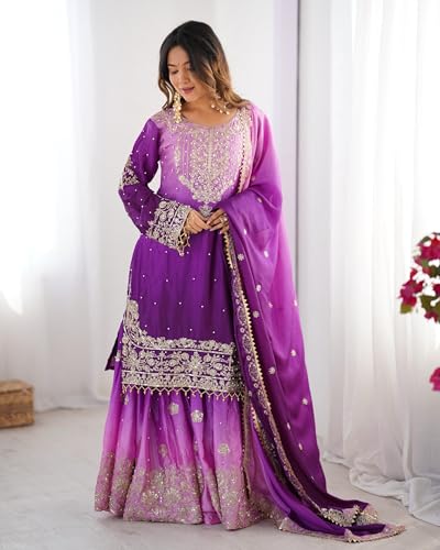 Leeli Peeri Designer Women's Chinon Silk Embroidery Light Purple Kurta Sharara Set With Dupatta(45PDM14-M)