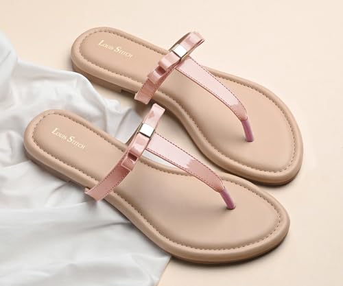 LOUIS STITCH Women’s Slip-On T-Strap Flat Sandals | Open Toe Peach Pink Stylish Sandal for Ladies, Fashionable and Comfortable Sandal | LSOF-FI01-TSNU | (UK 8)