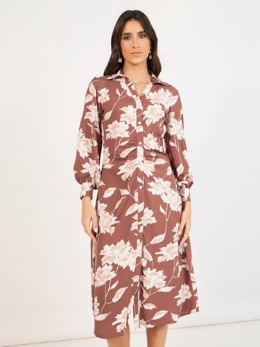 Styli Women’S Floral Print Collared Long Sleeves A-Line Midi Dress | Classic Shirt Collar, Cuffed Sleeves, Flattering A-Line Silhouette. Perfect for Parties & Special Events.