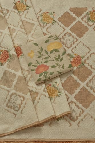 Soch Womens Beige Chanderi Floral Print Unstitch Dress Material With Thread Work