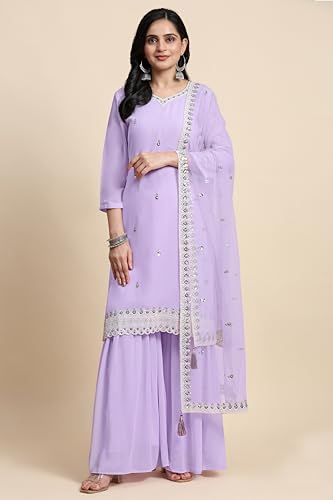 TRENDMALLS Women's Georgette Embroidery Sequins Work Kurta Sharara Set with Dupatta (G251-LightPurple-XXL)