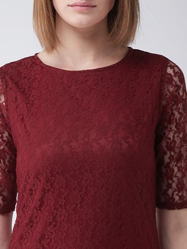 Miss Chase Women's Round Neck Half Sleeves Basic Lace Crop Top (MCAW25DEN63-03-616-03, Bright Maroon, S)