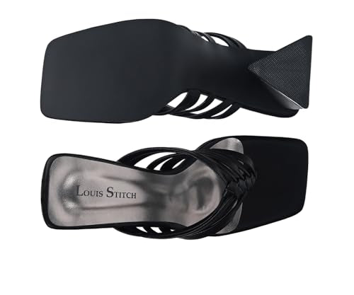 LOUIS STITCH Women’s Fashion Black Slip-On Block Heel Sandals | Weaved T-Strap Stylish Heel Sandal for Ladies, Fashionable and Comfortable Sandal| LDBH-WESTJB | UK-6