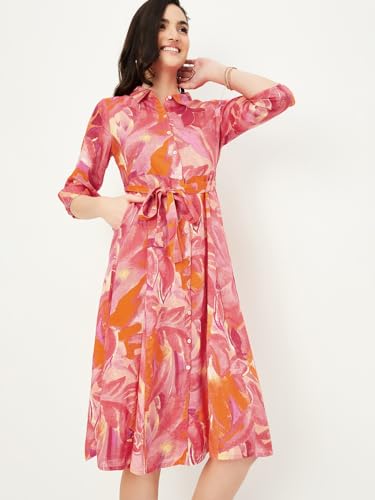 Max Women Floral Printed Casual Dress Midi Dress (MDDRS41005PINK)_L