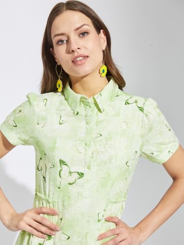 Latin Quarters Women Green Collar Neck Half Sleeves Printed Above Knee Shirt Dress for Casual Wear_M