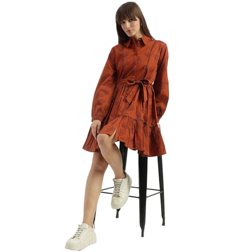 UNITED COLORS OF BENETTON Shirt Collar Leaf Tiered Dress (Size: S)-25P4WVDRS164I902 Brown