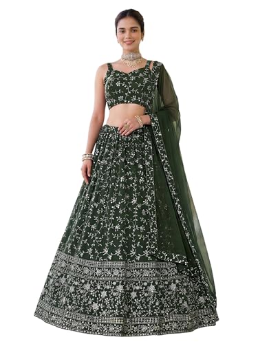 Zeel Clothing Women's Zari and Sequins Embroidered Georgette Lehenga Choli With Dupatta (5058-Green-Women-Latest-Lehenga-Choli, Free size)