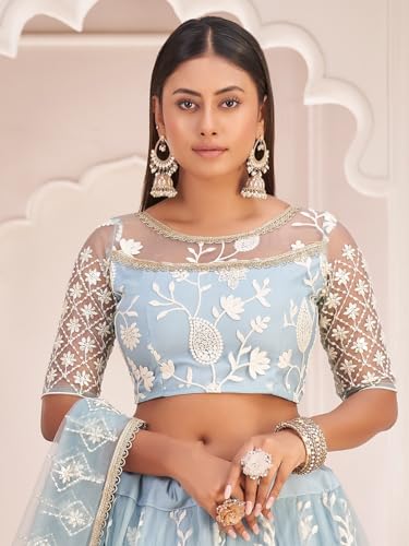 Zeel Clothing Womens Net Lehenga Choli Semi-Stitched Skyblue Wedding Bridal Free Size