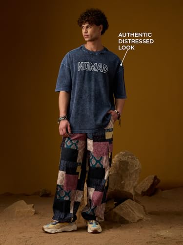 The Souled Store Nomad: Haven Men and Boys Short Sleeves Round Neck Charcoal Grey Embroidered Casual Drop Shoulder Streetwear Trendy Super Oversized T-Shirt