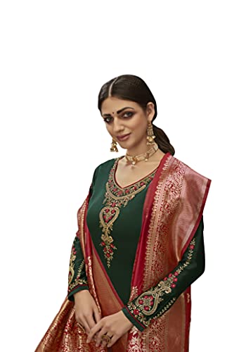 VUBA Satin Suit For Women's Embroidered Semi Stitched Top With Unstitched Santoon Bottom and Pure Woven Banarasi Dupatta Straight Kurta Dress Material (Pakistani Salwar Suit) Green